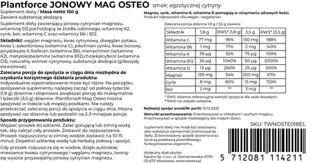 Plantforce Magnesium+ (MAG OSTEO) - jonowy cytrynian magnezu z D3 i K2 - 45 porcji/88 porcji (160 g) smak: egzotyczna cytryna