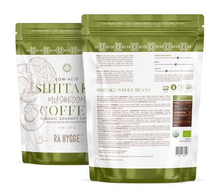 BIO Kawa z Shiitake Ra Hygge w ziarnach - ekologiczna, niskokwasowa z ekstraktem Shiitake (227g)